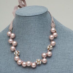J Crew Pink Faux Pearl and Rhinestone Cluster Ribbon Necklace Vintage 2010ish